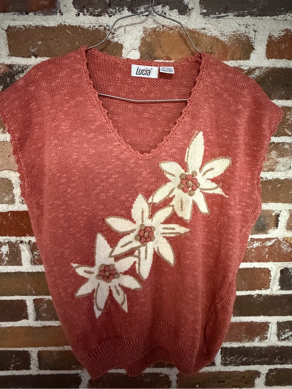Lucia Women's Rust V-Neck Floral Knit Sweater Vest
